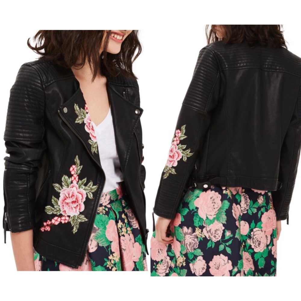 TOPSHOP Luna Floral Patch Faux Biker jacket
